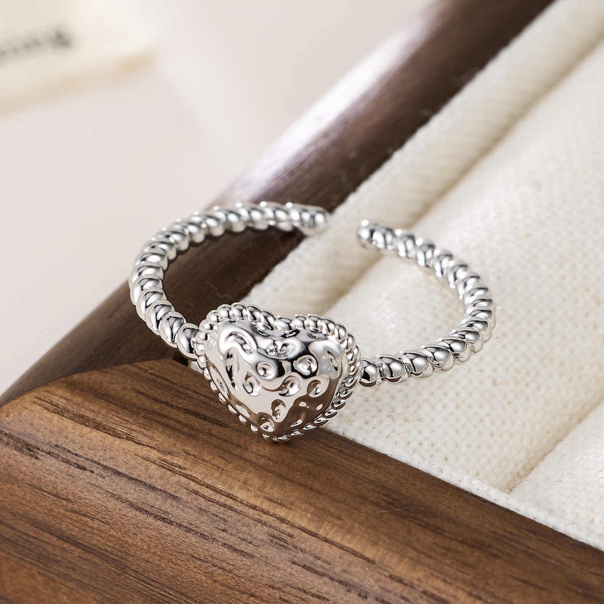 Women's Adjustable Hammered Heart Open Ring, Stackable Design
